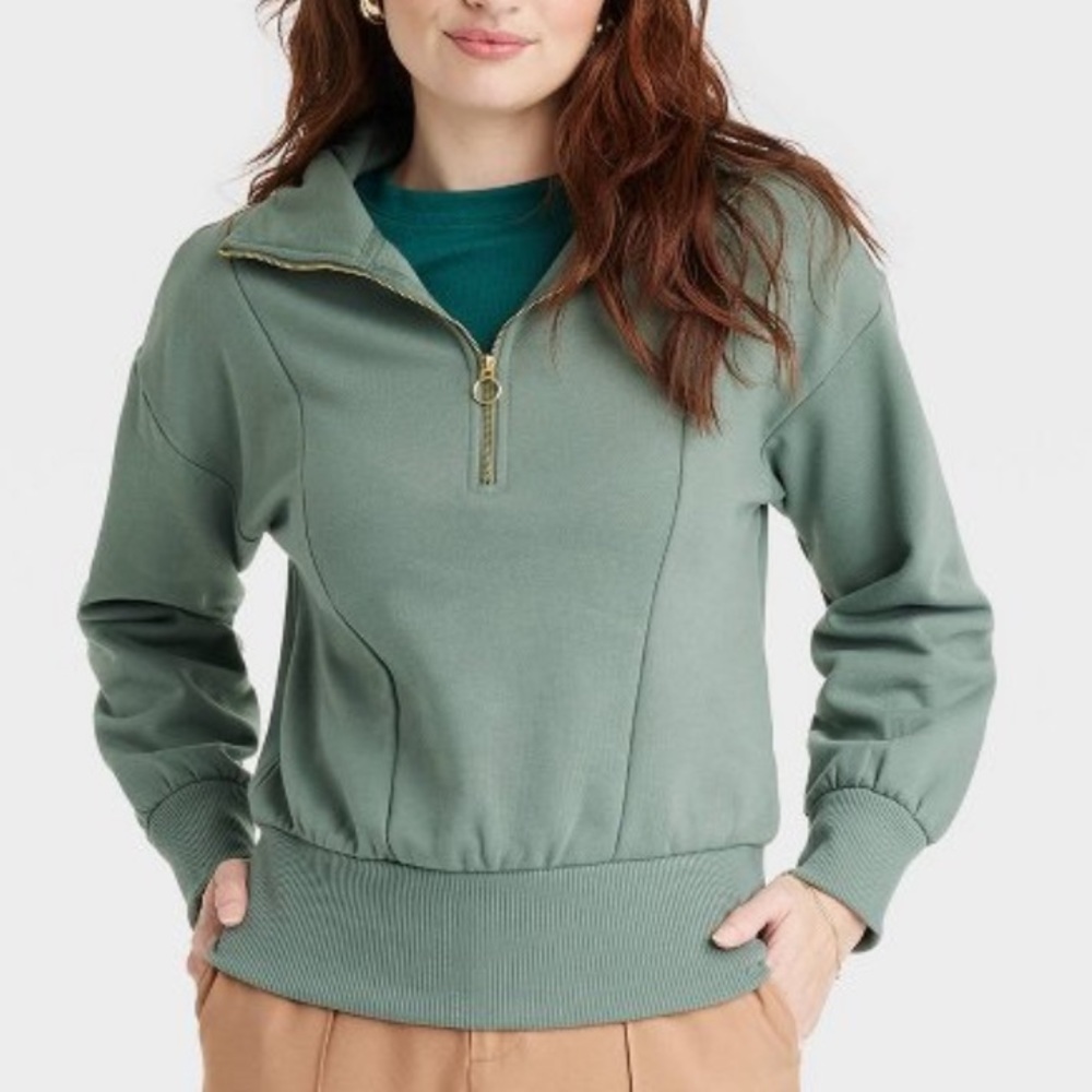 NWT A New Day Green Quarter Zip Sweatshirt Teal Solid Fleece Soft Size XS